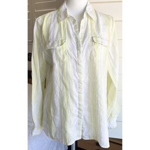 Charter Club Luxury 100% Linen Long Sleeves Button Up Shirt Women L Yellow Strip